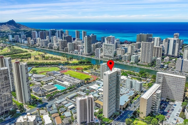 birds eye view of property featuring a water view