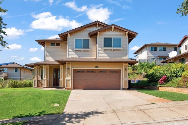 craftsman-style home featuring a garage and a front lawn