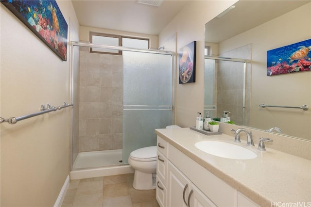 bathroom with walk in shower, tile patterned flooring, vanity, and toilet