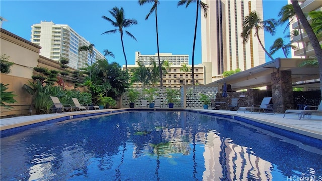 view of swimming pool featuring a patio area