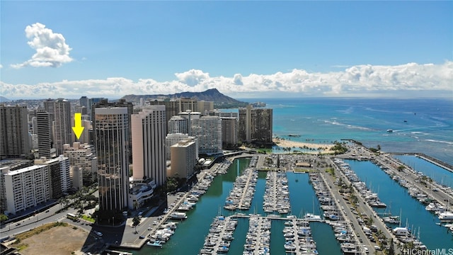 bird's eye view with a water view