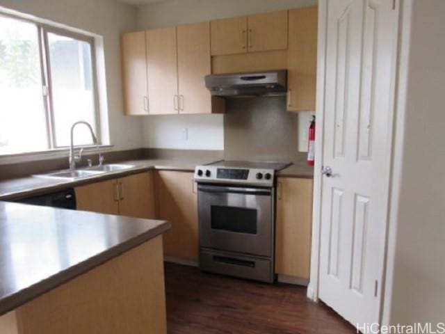 kitchen with stainless steel electric stove, light brown cabinetry, sink, and dark hardwood / wood-style floors