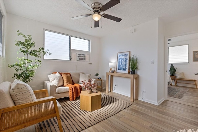 living area featuring ceiling fan, light wood-type flooring, and a textured ceiling