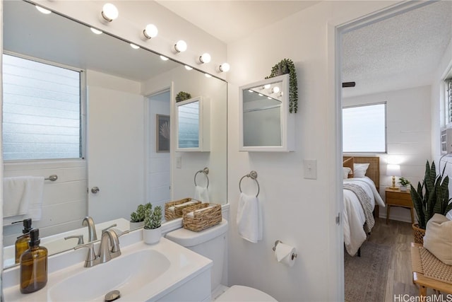 bathroom with a wealth of natural light, vanity, wood-type flooring, and a textured ceiling