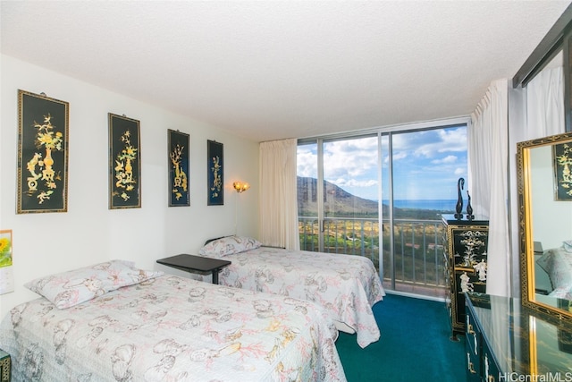 carpeted bedroom with a mountain view, a textured ceiling, access to outside, and a wall of windows