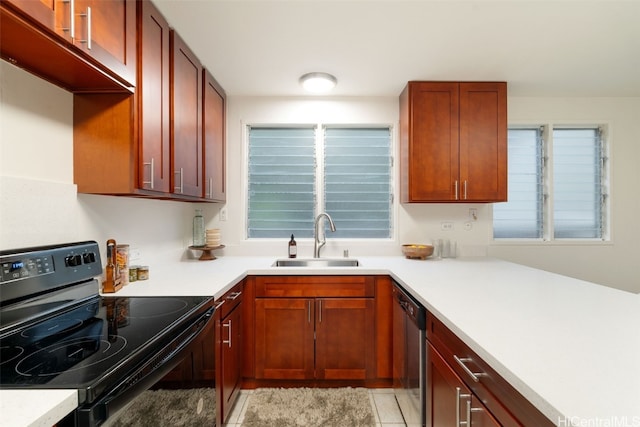 kitchen with light tile patterned floors, black range with electric stovetop, stainless steel dishwasher, and sink