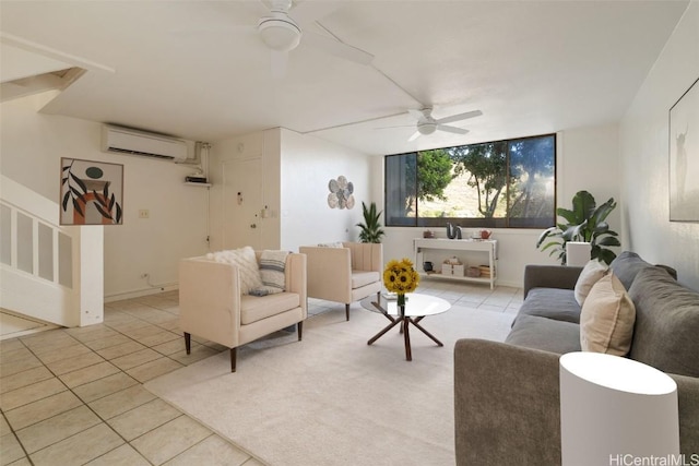 tiled living room with ceiling fan and a wall mounted AC