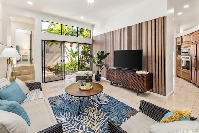 living room featuring light tile patterned floors