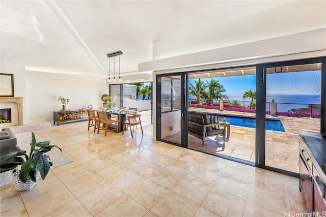 dining space with a water view