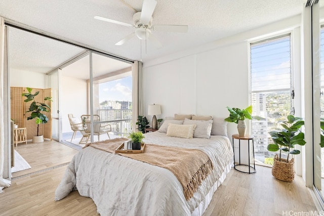 bedroom featuring light hardwood / wood-style floors, access to exterior, a textured ceiling, and multiple windows