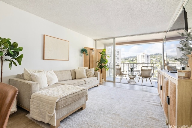 living room featuring expansive windows, light hardwood / wood-style floors, and a textured ceiling