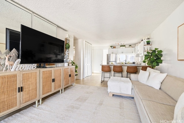 living room featuring light carpet and a textured ceiling