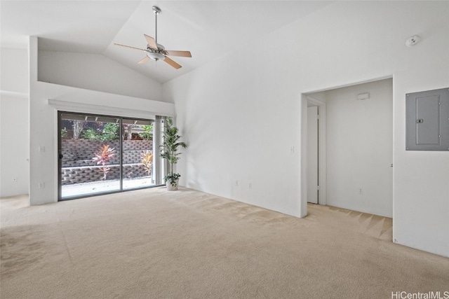 unfurnished living room with high vaulted ceiling, ceiling fan, light carpet, and electric panel