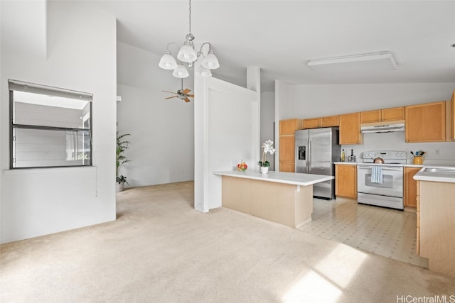 kitchen featuring kitchen peninsula, stainless steel refrigerator with ice dispenser, ceiling fan with notable chandelier, decorative light fixtures, and white electric range