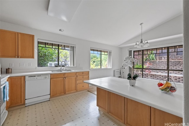 kitchen with dishwasher, sink, hanging light fixtures, vaulted ceiling, and a notable chandelier