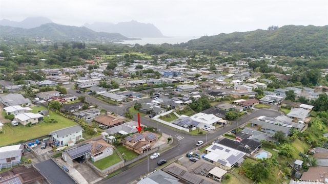 drone / aerial view featuring a mountain view