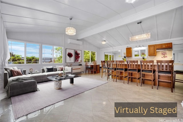 living room with a wall mounted air conditioner, lofted ceiling with beams, and an inviting chandelier