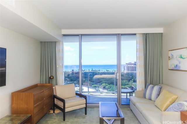 living room featuring a water view and light colored carpet