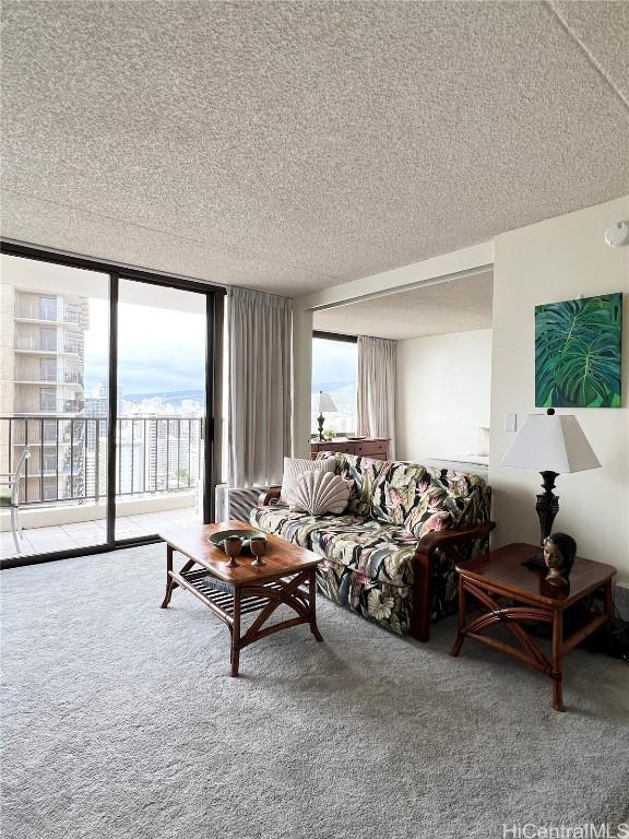 living room featuring carpet flooring, floor to ceiling windows, and a textured ceiling