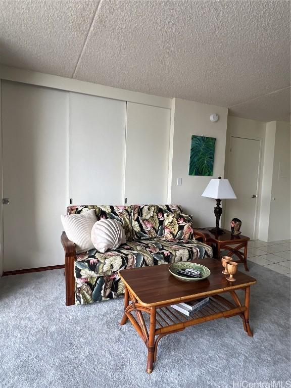 living room with carpet floors and a textured ceiling