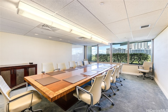 carpeted office with expansive windows and a drop ceiling