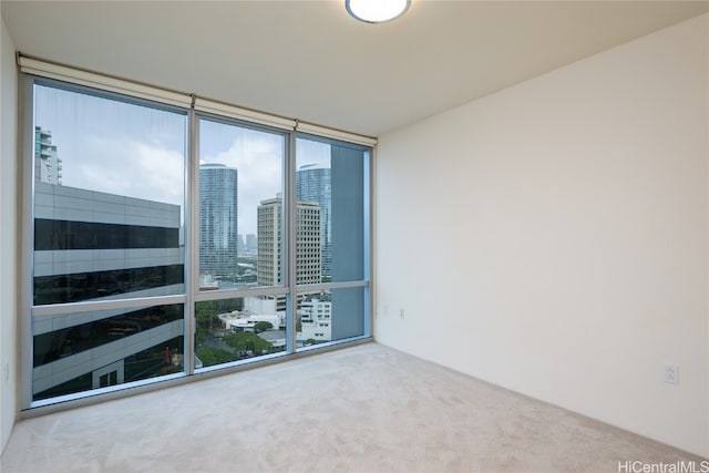 unfurnished room with floor to ceiling windows and carpet floors