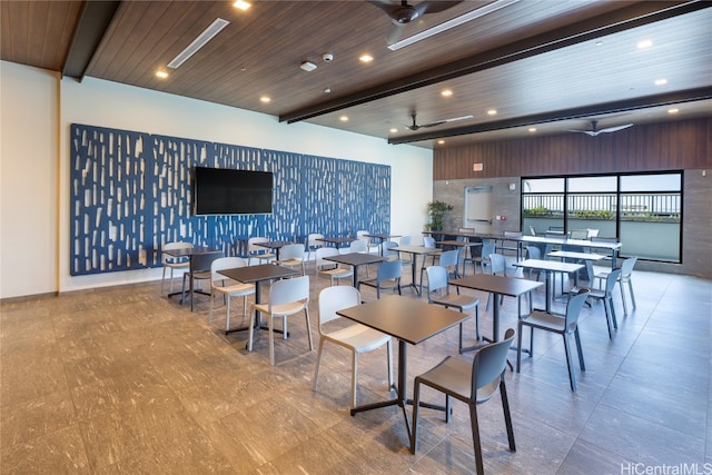 dining area with beamed ceiling, ceiling fan, and wooden ceiling