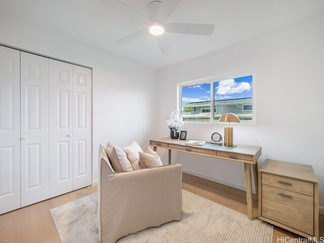 office area featuring ceiling fan and light wood-type flooring