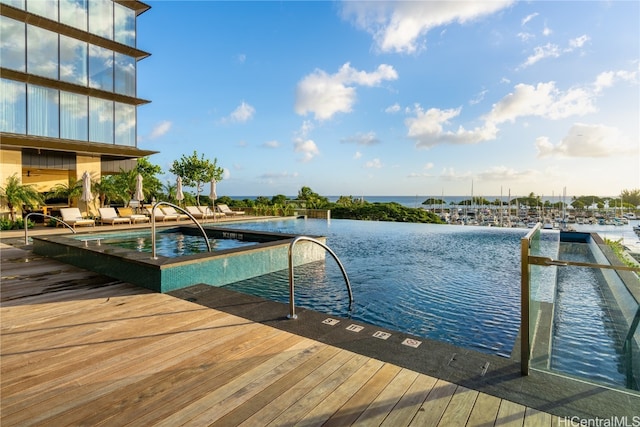 view of swimming pool with a water view