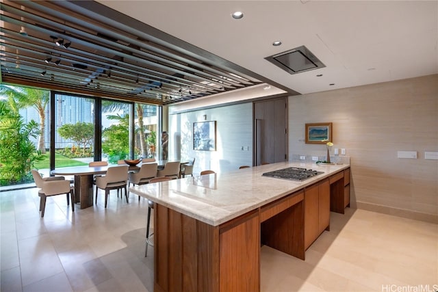 kitchen featuring kitchen peninsula, a kitchen breakfast bar, light stone countertops, and a healthy amount of sunlight