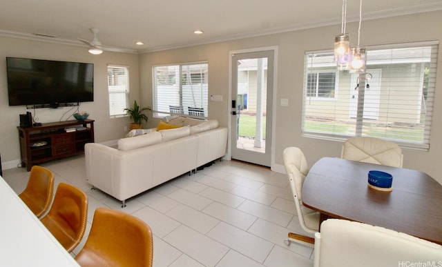 91-2161 Kaiwawalo St, Ewa Beach, HI 96706 - living room featuring ornamental molding, a ceiling fan, baseboards, recessed lighting, and light tile patterned flooring