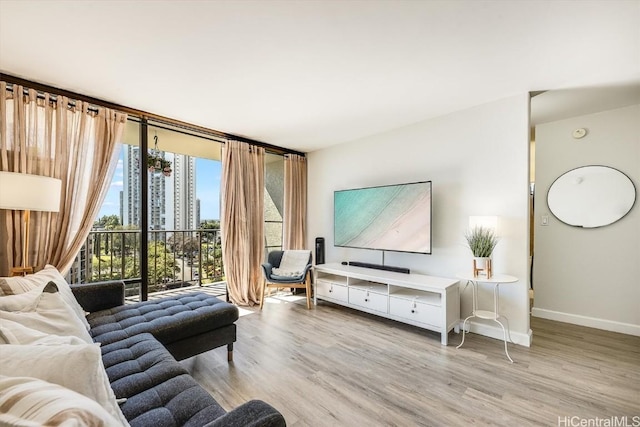 living room featuring floor to ceiling windows and light wood-type flooring