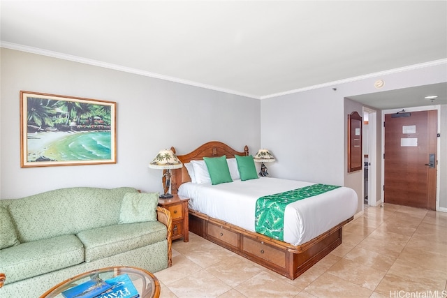 bedroom with crown molding and light tile patterned flooring