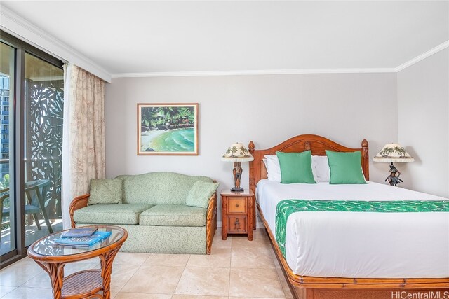 tiled bedroom featuring ornamental molding, access to outside, and multiple windows