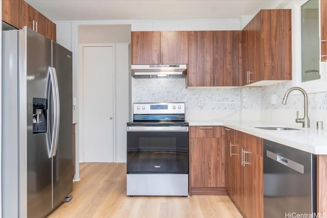 kitchen featuring decorative backsplash, sink, light hardwood / wood-style floors, and appliances with stainless steel finishes