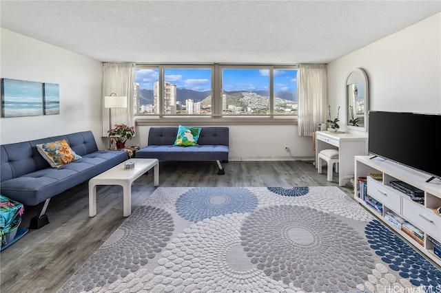 living room with floor to ceiling windows, a textured ceiling, and hardwood / wood-style flooring