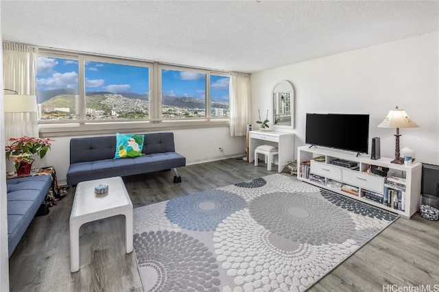 living room featuring a textured ceiling, hardwood / wood-style flooring, and plenty of natural light