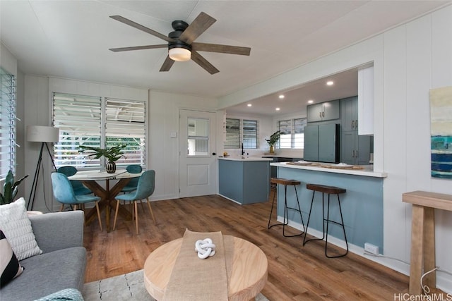 living room featuring ceiling fan and dark hardwood / wood-style floors