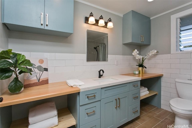 bathroom with vanity, a shower with shower curtain, tile walls, and toilet