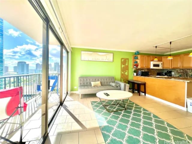 living room featuring light tile patterned flooring