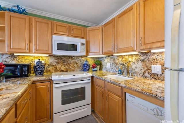 kitchen featuring tasteful backsplash, sink, white appliances, and ornamental molding