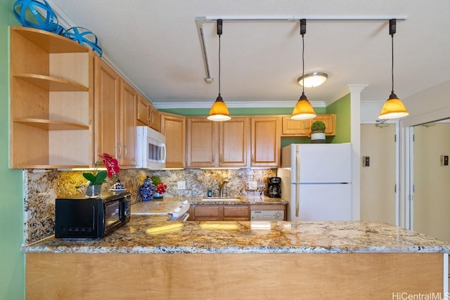 kitchen with pendant lighting, white appliances, light stone countertops, ornamental molding, and decorative backsplash