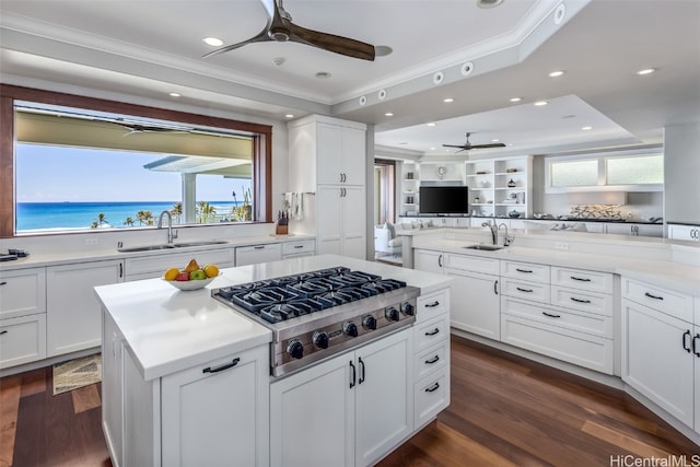 kitchen featuring white cabinetry, sink, stainless steel gas cooktop, a raised ceiling, and a water view