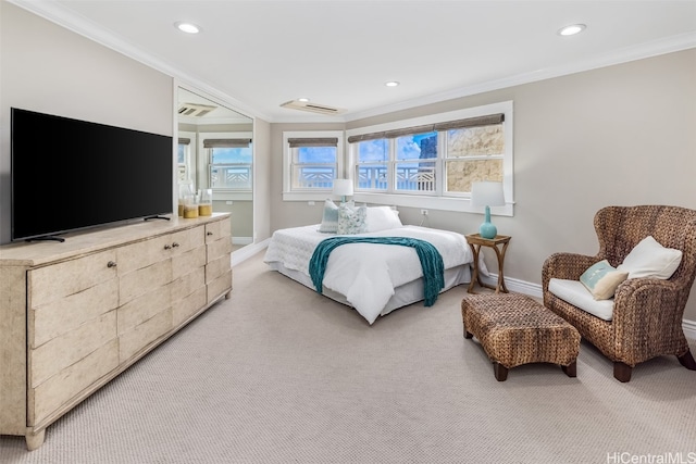 carpeted bedroom featuring multiple windows and ornamental molding