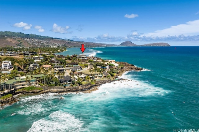 bird's eye view featuring a water and mountain view