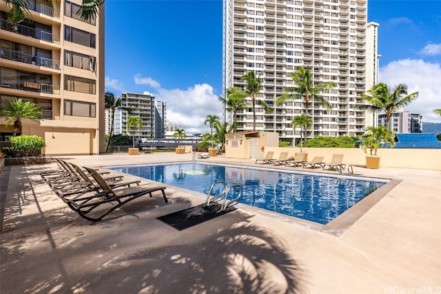 view of swimming pool with a patio area