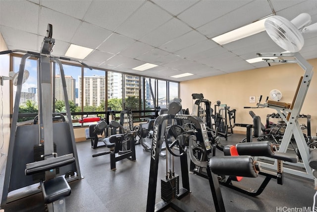 workout area featuring a drop ceiling and floor to ceiling windows