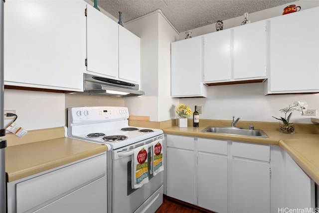 kitchen featuring white electric range, sink, a textured ceiling, dark hardwood / wood-style flooring, and white cabinetry