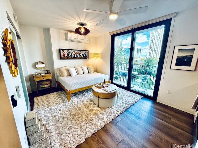 bedroom featuring ceiling fan, access to exterior, an AC wall unit, and dark wood-type flooring