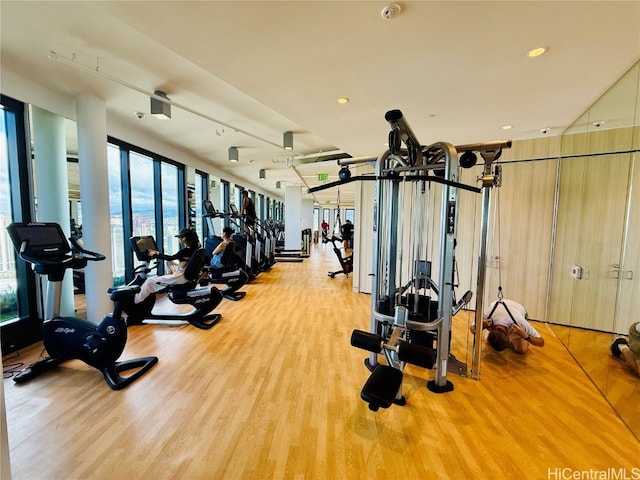 exercise room with light hardwood / wood-style flooring